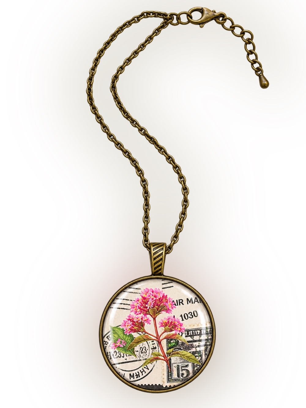 Vintage Bronze Pendant Necklace with Pink Floral Art